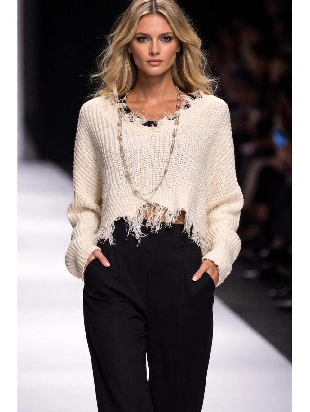 Fringe Knit Pullover Sweater White Crew Neck Long Sleeve Women M Shein